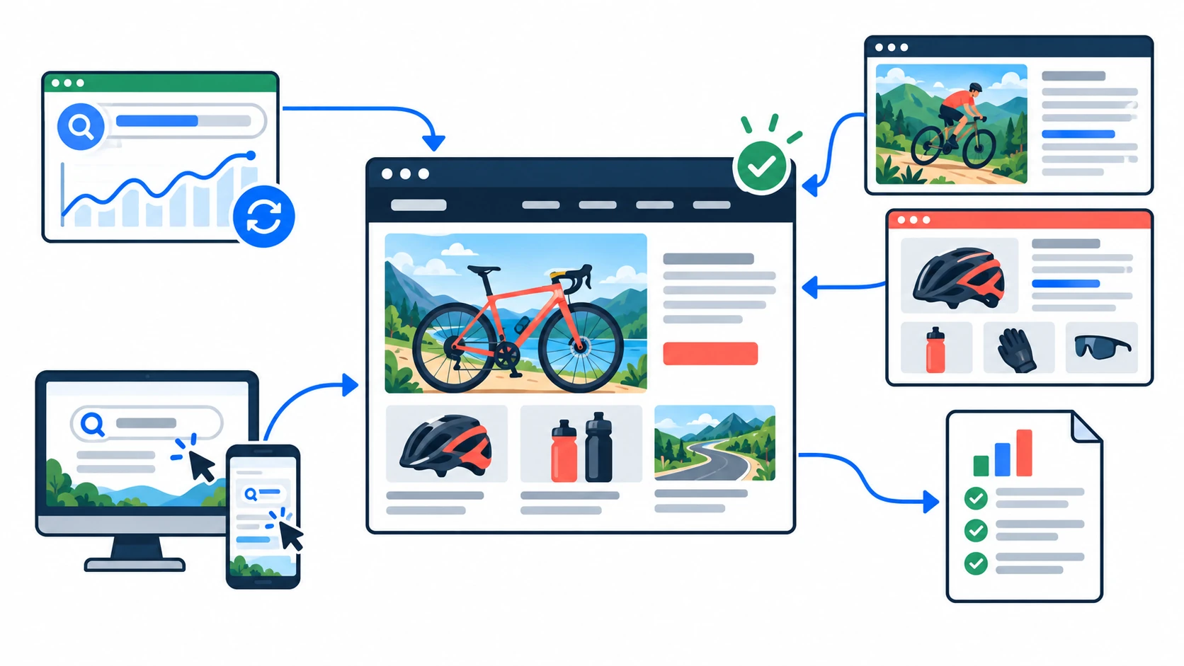 A business website connected to AutoSEO improvements, relevant linking websites, real-device campaigns and domain reporting